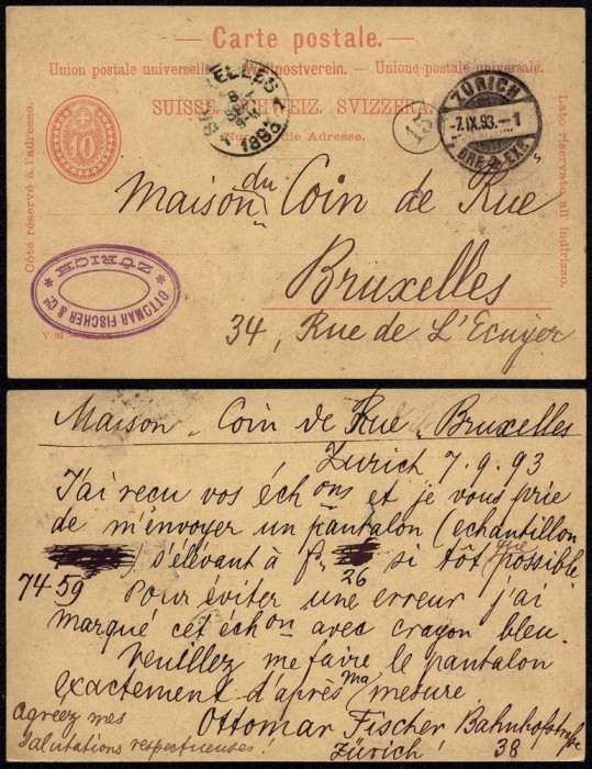Switzerland 1893 Old postcard stationery Zurich to Brussels Belgium D.1005