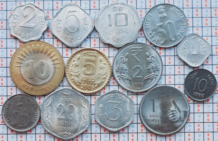 set 13 monede India 1,2,3,5,2x10,20,25,50 Paise,1,2,5,10 Rupees 1971-2018 - A036