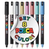 Set 8 Markere POSCA PC-1MR , Varf Fin 0.7 mm, Culori Metalizate