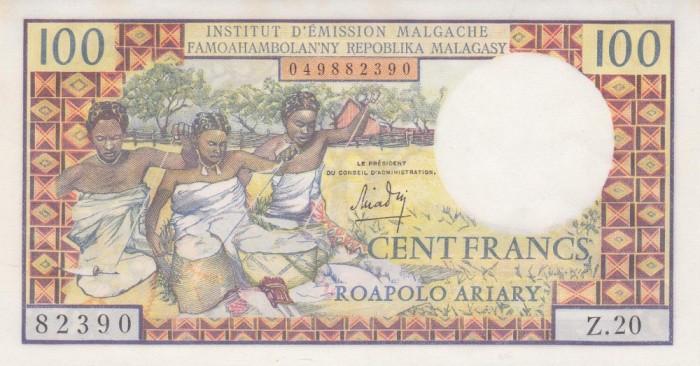 Bancnota Madagascar 100 Franci = 20 Ariary (1966) - P57 UNC ( vezi descriere )