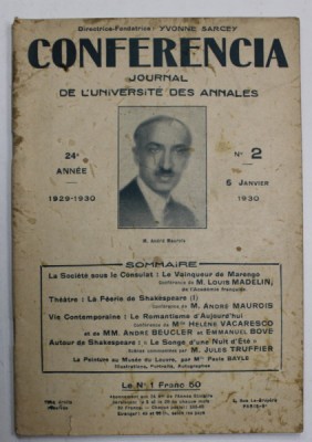 CONFERENCIA , JOURNAL DE L &amp;#039; UNIVERSITE DES ANNALES , JANVIER , 1930 , VEZI DESCRIEREA ! foto