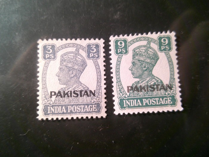 2 Timbre Pakistan 1941 supratipar pe timbre India George VI 3 si 9p , fara guma