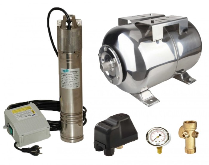 Kit complet sistem hidrofor, pompa submersibila SUMOTO ONKM150/50, rezervor de 50 litri din inox, presostat, racord 5 cai, manometru, SM0071/50I