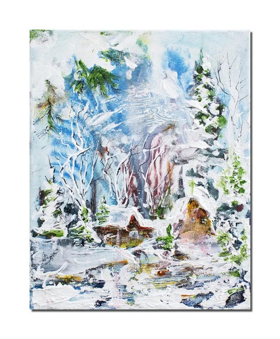 Tablou Peisaj de iarna pictat manual, 25x20cm acril pe panza in cutit efect 3D, Kenny Varniote