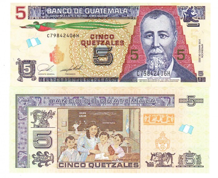Guatemala 5 Quetzales 2022-2024 P-122Af UNC