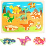 Puzzle educativ model dinozauri, montessori din lemn, 0-3 ani, 8 piese, multicolor