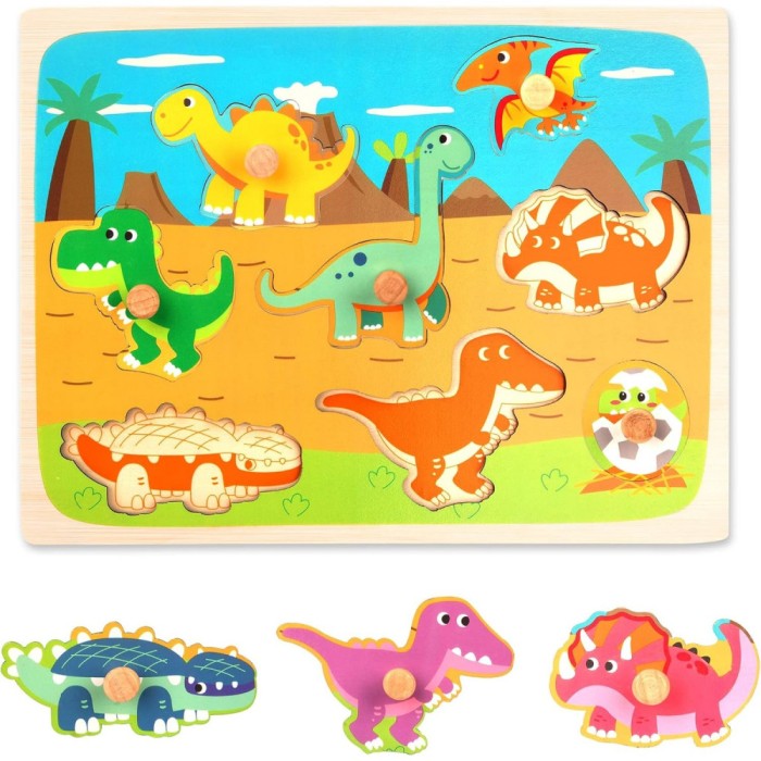 Puzzle educativ model dinozauri, montessori din lemn, 0-3 ani, 8 piese, multicolor
