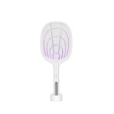 Paleta electrica anti-insecte, cu stand de incarcare, buton on/off, din ABS, cu cablu USB, alb