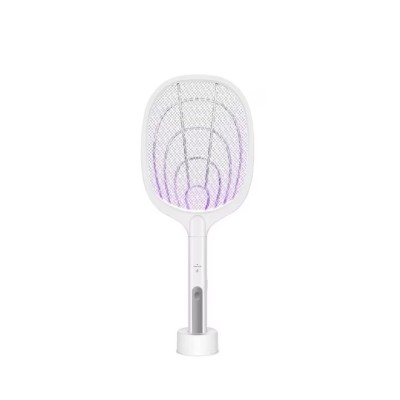 Paleta electrica anti-insecte, cu stand de incarcare, buton on/off, din ABS, cu cablu USB, alb foto