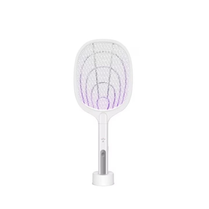Paleta electrica anti-insecte, cu stand de incarcare, buton on/off, din ABS, cu cablu USB, alb