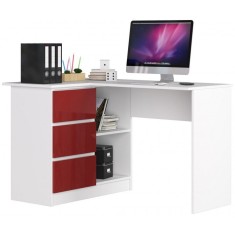 Birou calculator pe colt, placa laminata, 3 sertare, 2 rafturi, pe stanga, alb si rosu lucios, 124x85x77 cm