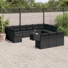 Set mobilier de gradina cu perne, 14 piese, negru, poliratan