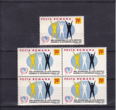 ROMANIA 1971 LP 755 ANUL INTERNATIONAL LUPTA CONTRA RASISMULUI BLOC 4 + 1 MNH foto