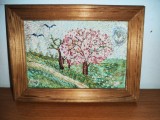 Tablou vechi floral cusut brodat manual peisaj de primavara cu cires inflorit inramat cusatura broderie Greta Jacobsson Suedia
