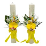 Set lumanari cu arnjament floral pentru cununie nunta personalizabil alb-galben
