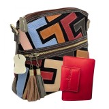Set cadou pentru Femei SmartGlamour: Geanta Piele Multicolora Italia + Portofel Ergonomic Piele Naturala, Negru, Rosu
