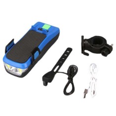 Far bicicleta cu suport telefon, claxon 130dB, Power bank 3000mAh, 3 moduri de luminare, 2 x T6 LED, rezistent la apa, Albastru