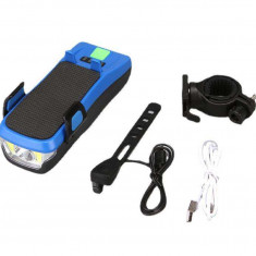 Far bicicleta cu suport telefon, claxon 130dB, Power bank 3000mAh, 3 moduri de luminare, 2 x T6 LED, rezistent la apa, Albastru