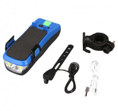 Far bicicleta cu suport telefon, claxon 130dB, Power bank 3000mAh, 3 moduri de luminare, 2 x T6 LED, rezistent la apa, Albastru foto