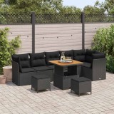 Set de canapea de grădină 9 piese cu perne Negru Ratan Polyratan Acacia