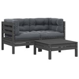 VidaXL Set mobilier de grădină cu perne, 3 piese, gri, lemn masiv pin