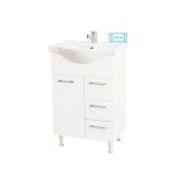 Baza si lavoar ceramic GN1531, mobilier baie stativ 55 cm, front MDF, 2 usi, 2 sertare, balamale soft close, picioare cromate reglabile, alb