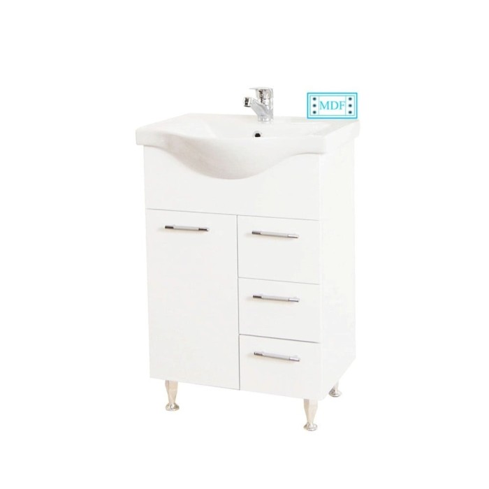 Baza si lavoar ceramic GN1531, mobilier baie stativ 55 cm, front MDF, 2 usi, 2 sertare, balamale soft close, picioare cromate reglabile, alb