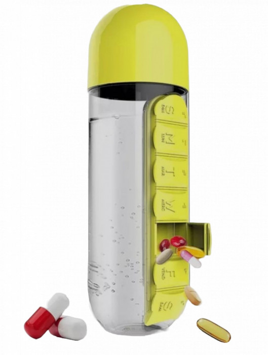 Sticla apa 600 ml cu organizator pentru medicamente culoare galben