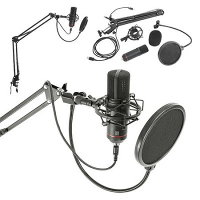 Microfon pentru streaming si podcast, USB, suport masa, dispozitiv antisoc, filtru antipop, accesorii incluse, Negru foto