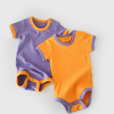 Set 2 body-uri Ribana Bebe Unisex din bumbac organic si 5%elastan - Galben/Mov BabyCosy (Marime: 18-24 Luni)