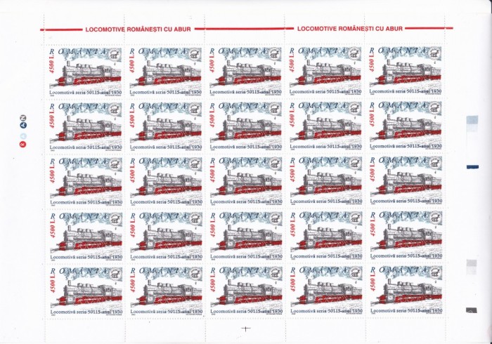 TREN,LOCOMOTIVE CU ABUR,MINICOALA 25 TIMBRE,2002 MNH ** ROMANIA.