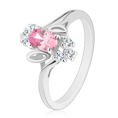 Inel de culoare argintie, zirconiu oval roz, frunze, zirconii transparente - Marime inel: 59