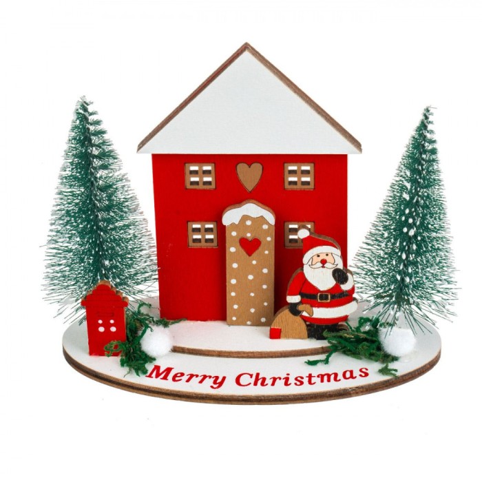 Decorațiune Crăciun, Model Casă, Culoare Roșu, Dimensiuni 13X13 cm, Include Brazi Multicolori și Moș Crăciun