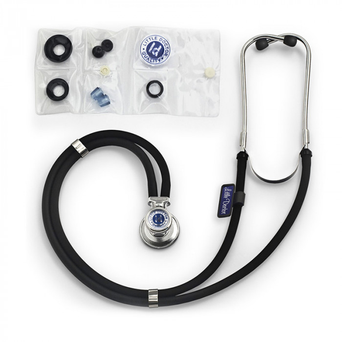 Stetoscop Little Doctor LD Special, 2 tuburi, tub 72 cm, inel cauciucat, Negru/Argintiu