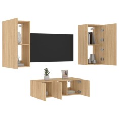 vidaXL Unități de perete TV cu LED-uri, 4 piese, stejar sonoma, lemn 3216820