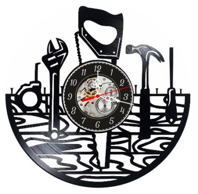 Ceas de perete decorativ realizat din disc de vinil, Model Atelier de Tamplarie cu Fierastrau, Ciocan si Textura Lemn, Cadou Tamplar, Negru, 30 cm foto