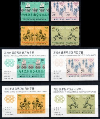 Corea Sud 1968, Mi #628-635 + Bl 2276-279**, serie in perechi + 4 colite, sport, box, Olimpiada Mexic, MNH, cota 260 &amp;euro;! RARE!!! foto