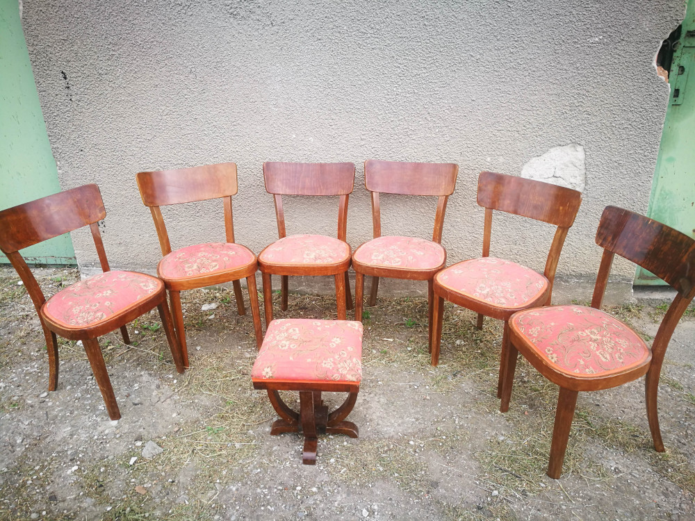 Set 6 scaune vechi, tapitate. + 1 taburet. (Scaun vechi de lemn tip Thonet)  | Okazii.ro