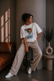 Tricou dama alb din bumbac cu imprimeu pisicute bleu
