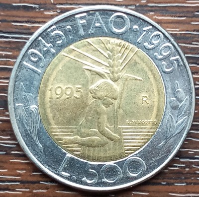 (S) MONEDA SAN MARINO - 500 LIRE 1995 - ANIVERSARE 50 ANI FAO, BIMETALICA foto