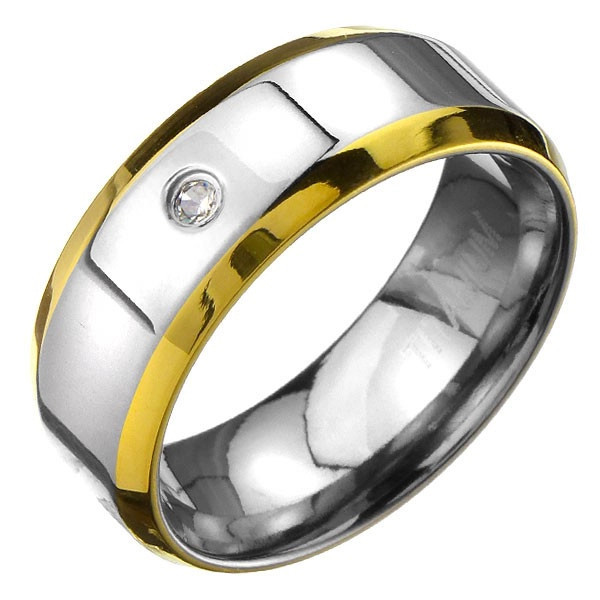 Inel din titan - banda argintie cu margini aurii și zircon - Marime inel: 65