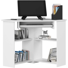 Birou de colt TED, cu rafturi si polita glisanta pentru tastatura, 80x80x74 cm, alb Household NewTrend