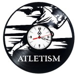 Ceas de perete decorativ realizat din disc de vinil, Model Atletism Alergator Sprint, Text Atletism, Negru, 30 cm