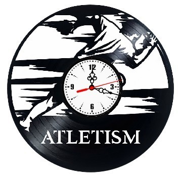 Ceas de perete decorativ realizat din disc de vinil, Model Atletism Alergator Sprint, Text Atletism, Negru, 30 cm