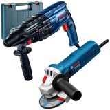 Bosch GBH 240 + GWS 750-125 - Rotopercutor SDS-Plus 790 W 2.7 J valiza plastic + Polizor unghiular cu fir 750 W 125 mm