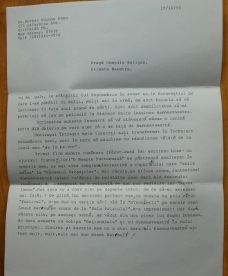 Scrisoare de multumire adresata lui Radu Beligan de Dr. Serban Voinea Semo, New Jersey, SUA, 1995 foto
