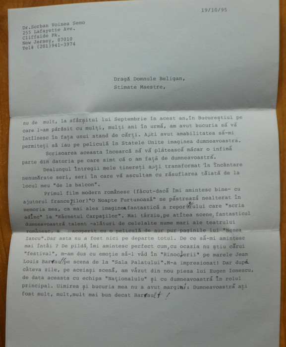 Scrisoare de multumire adresata lui Radu Beligan de Dr. Serban Voinea Semo ,1995