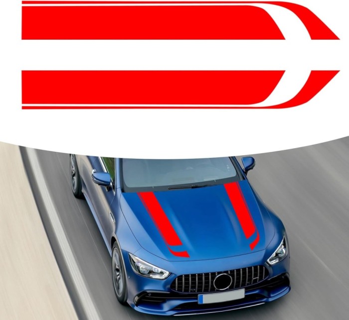 Set 2 stickere autoadezive Tuning, model &quot;Hood Stripes V1&quot;, dimensiune 85 x 12 cm, culoare Rosie FAVLine Selection