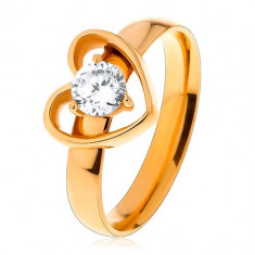 Inel realizat din oțel chirurgical de culoare aurie, contur de inimă cu zirconiu transparent - Marime inel: 54