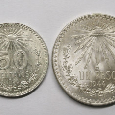 MEXIC 50 CENTAVOS+UN PESO 1944 . #ARGINT . CU LUCIU DE BATERE .